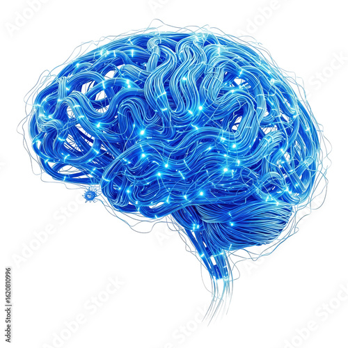 Illustration of a human brain with blue glowing lines and dots digital art on transparent background