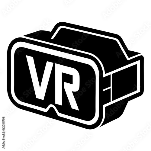 Stylized black and white icon of a virtual reality headset with the letters vr prominently displayed