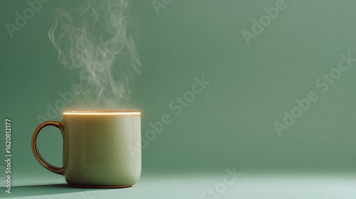 Minimalist Ceramic Coffee Mug with Rising Steam and Glowing Edge Light – Flat Lay on Soft Background