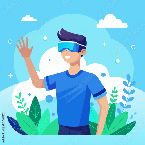 Young man wearing virtual reality headset waving hello in a digital world with clouds and plants