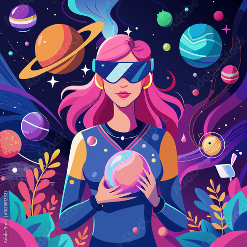 Woman wearing vr headset gazes into a cosmic sphere amidst planets and nebulae