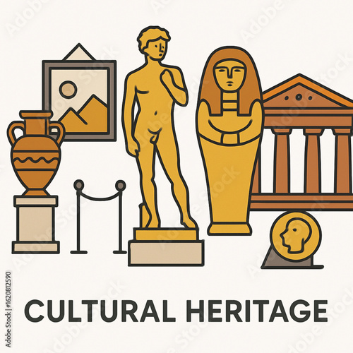 An illustration depicting various museum artifacts, including an ancient vase, a classical sculpture, an Egyptian sarcophagus, and a Greek temple facade, representing history, art, and culture.
