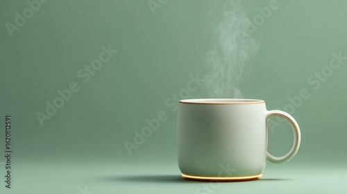 Minimalist Ceramic Coffee Mug with Rising Steam and Glowing Edge Light – Flat Lay on Soft Background