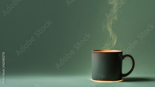 Minimalist Ceramic Coffee Mug with Rising Steam and Glowing Edge Light – Flat Lay on Soft Background