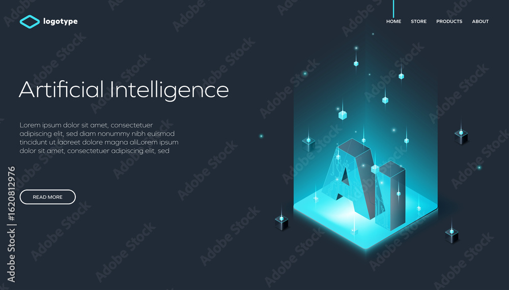 Fototapeta premium Abstract web page template with artificial intelligence or blockchain on dark background. Network infrastructure website layout concept. Isometric vector illustration.