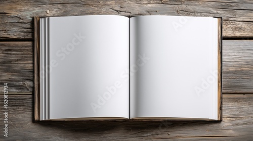 Open White Journal with Empty Pages on Wooden Desk and Realistic Paper Texture