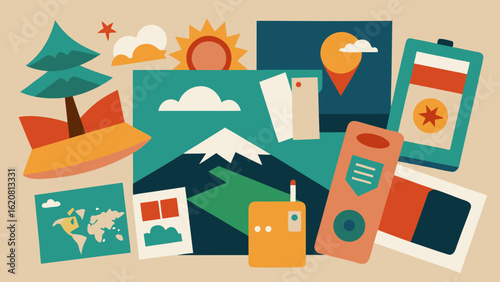 Flat design travel and adventure concept with mountain, map, camera, compass and travel gear