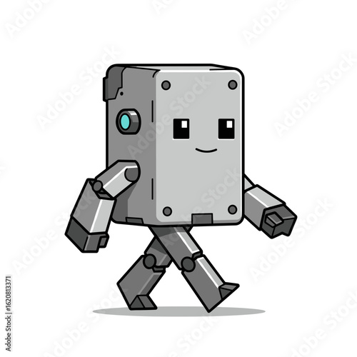 Cute cartoon robot walking with a smiling face and metallic features  