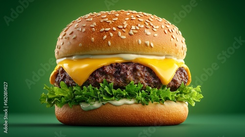 Perfect Juicy Cheeseburger with Sesame Bun Floating on Green Background – Photorealistic Studio Food Shot
