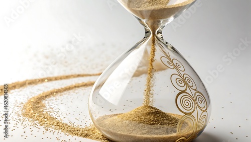 Golden Sands Flowing: Capturing the Ephemeral Beauty of Time with an Hourglass on a White Background.