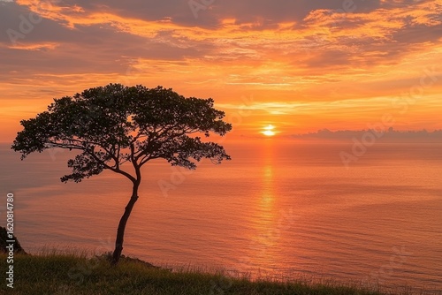 Solitary Tree Silhouette at Fiery Ocean Sunset, Landscape, Seascape