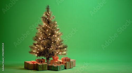 Small Decorated Christmas Tree with Fairy Lights and Gifts on Green Screen Background – Studio Holiday Shot