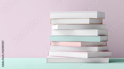 Stack of White Books with Blank Spines on Pastel Background – Minimal Clean Design Template