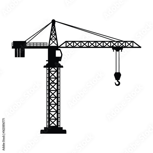 Black silhouette of a tower crane with hook on white background construction heavy machinery