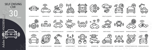 Self-driving related icon collections. Containing car, AI, sensor, road, map, steering, autopilot, GPS, mobility, and automation icons. Outline icons.