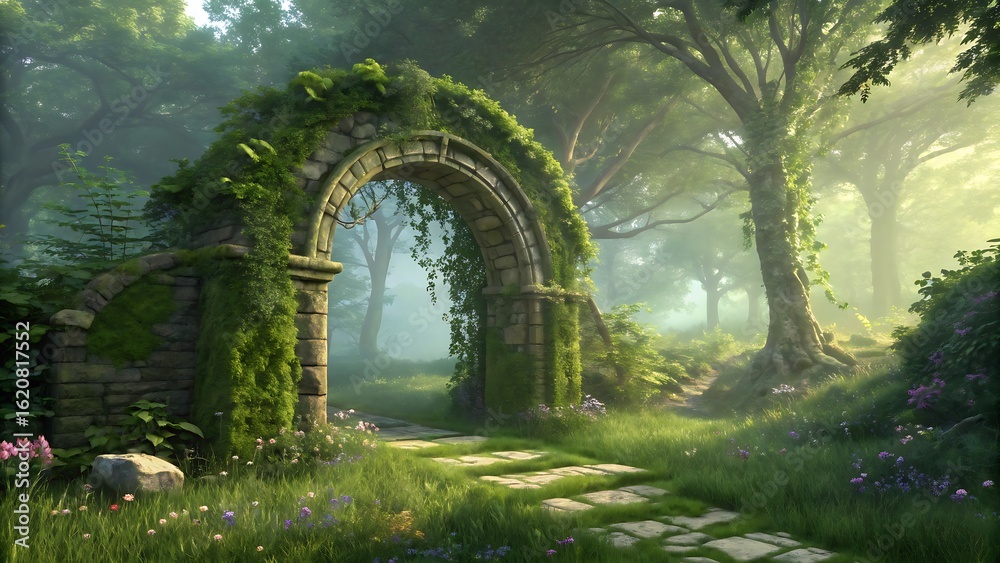 Obraz premium Mystical Forest Entrance: Stone Archway Covered in Greenery Leading to an Enchanted Grove with Sunlight Filtering Through Trees.