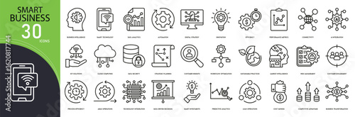 Smart business related icon collections. Containing AI, automation, data, digital, technology, system, process, innovation, solution, and efficiency icons. Outline icons.