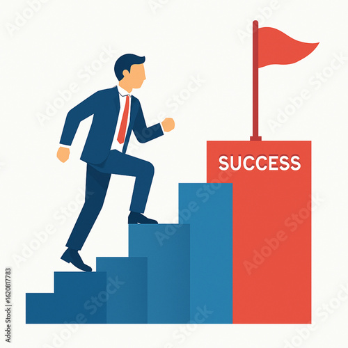 Man climbing stairs to reach a success flag.