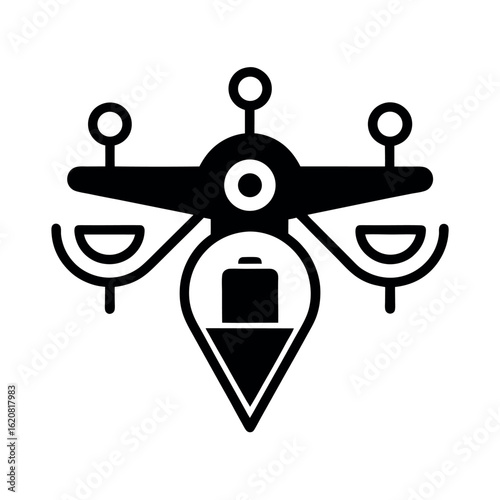 Black drone icon with battery and location pin quadcopter