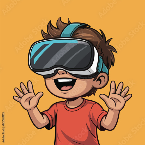 Joyful Boy Experiencing Immersive Virtual Reality Headset Technology cartoon vector illustration