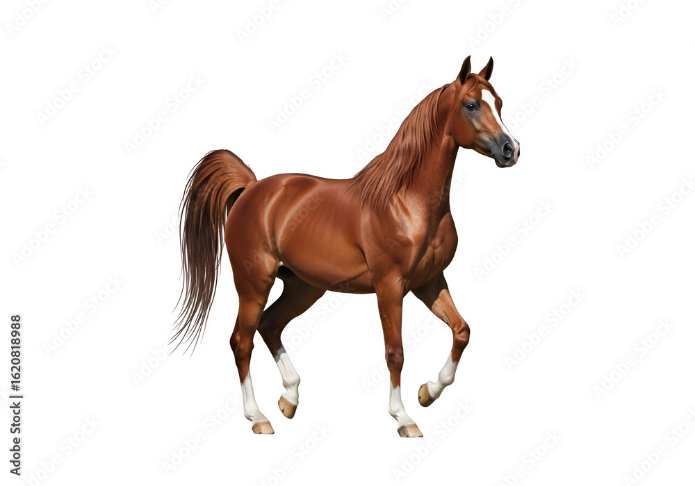 Fototapeta premium A magnificent, reddish-brown horse in profile view.