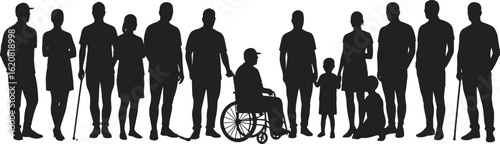 Diverse group of people silhouettes standing together in a single line, including a man in a wheelchair and a child, showing an inclusive crowd, flat vector illustration.