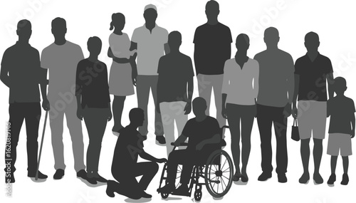 Diverse group of people silhouettes standing together in a single line, including a man in a wheelchair and a child, showing an inclusive crowd, flat vector illustration.