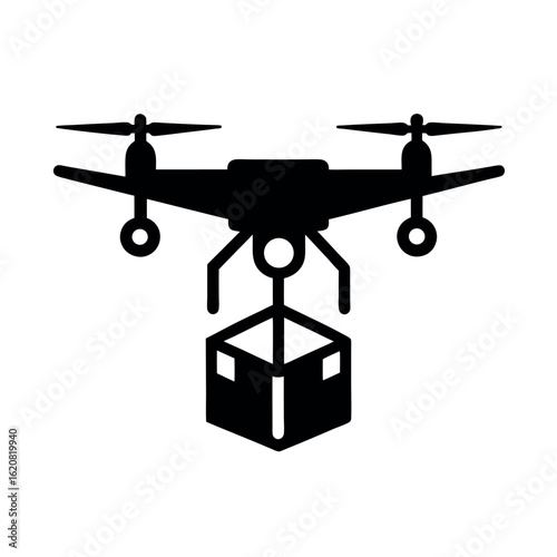 Black silhouette of a delivery drone carrying a package