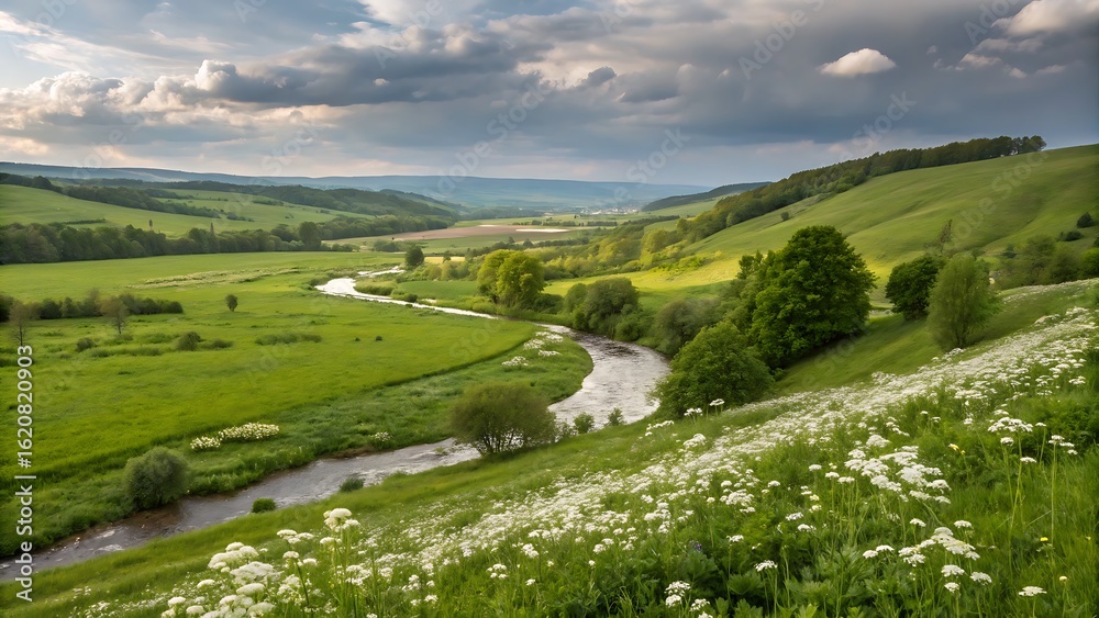Obraz premium Serene Valley Landscape: Flowing River Through Verdant Hills, White Wildflowers in Foreground, Dramatic Clouds Create Peaceful Atmosphere.