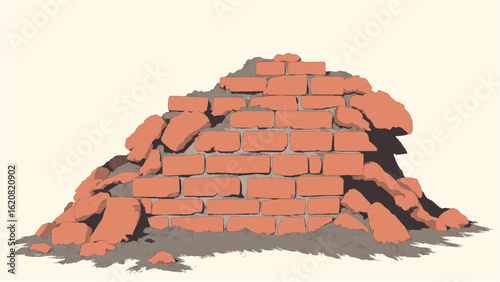 Crumbled Brick wall. Broken Brick Wall. Ruined brick wall. Damaged Brick wall. Vector illustration.