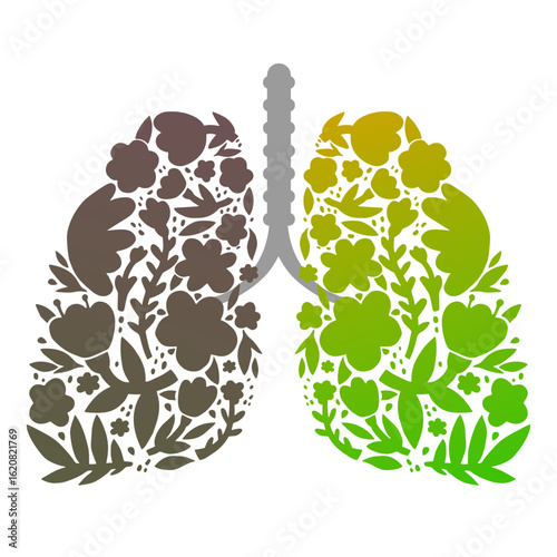 Conceptual illustration of lungs with dark and green floral sides, symbolizing contrast between disease and healing, pollution and nature, cancer and recovery