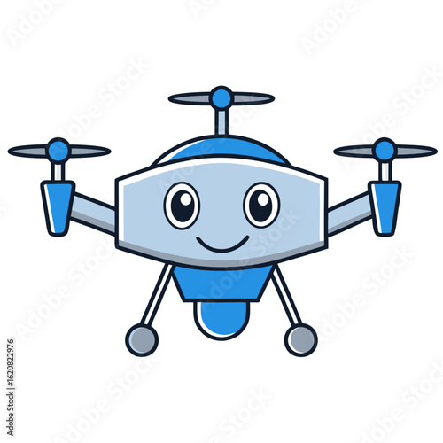Flat Cartoon AI Drone Icon – 2D Vector with Sensors & Smiling Face, Light Blue Style
