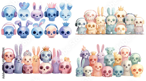 Pastel skulls decorated with bunny ears, crowns, and headphones in a kawaii style. Adorable fusion of spooky and cute, perfect for Halloween or pop design.

