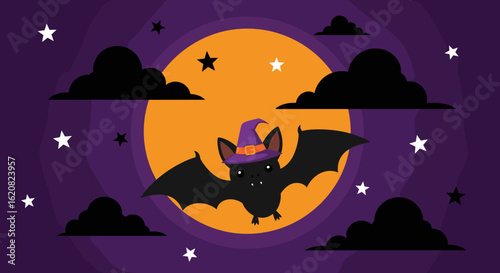 Adorable Bat in a Witch Hat Flying Under a Full Moon on Halloween Night, Festive Spooky Scene
