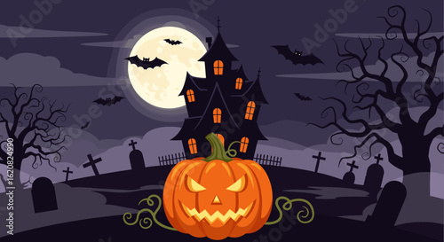 Spooky Halloween night with a haunted house and jack o lantern