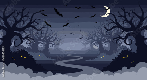 Mysterious Forest Path Under a Crescent Moon