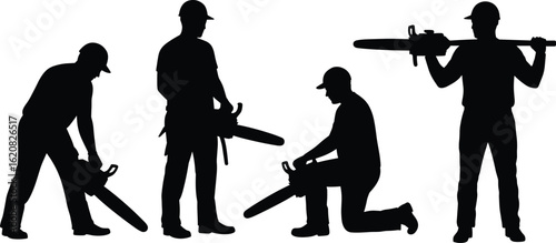 Lumberjack with Chainsaw Silhouette, Set of Workers in Different Poses, Vector for Forestry, Construction, and Hard Work Concepts.
