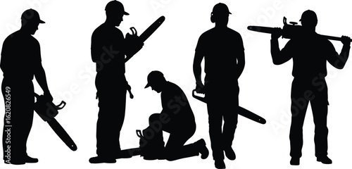 Lumberjack with Chainsaw Silhouette, Set of Workers in Different Poses, Vector for Forestry, Construction, and Hard Work Concepts.