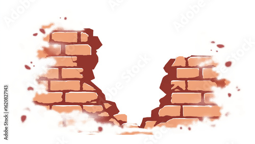 Crumbled Brick wall. Broken Brick Wall. Ruined brick wall. Damaged Brick wall. Vector illustration.