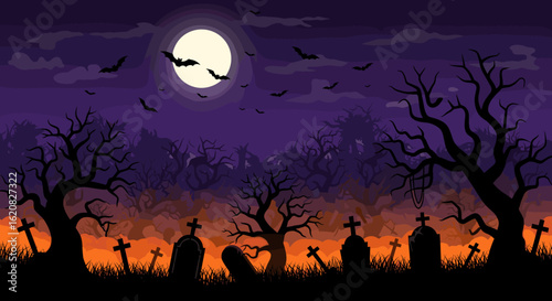 Spooky Halloween Night Graveyard Scene With Bats and Full Moon