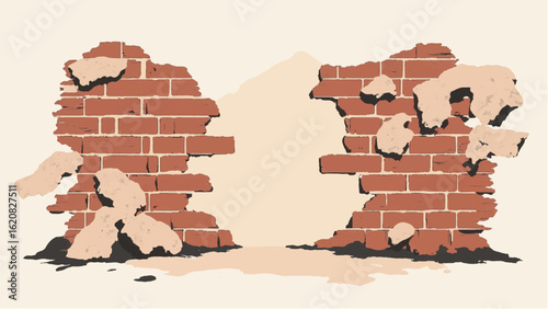 Crumbled Brick wall. Broken Brick Wall. Ruined brick wall. Damaged Brick wall. Vector illustration.