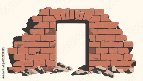 Crumbled Brick wall. Broken Brick Wall. Ruined brick wall. Damaged Brick wall. Vector illustration.