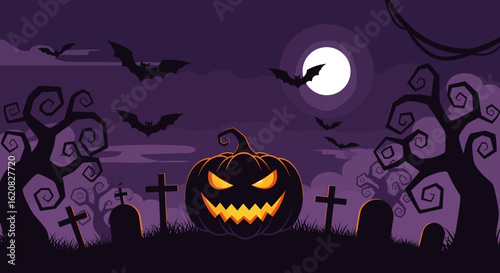Spooky Halloween Night With Jack O Lantern and Bats Flying High