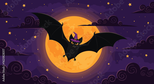 Spooky Halloween Bat Flying Under a Full Moon with Stars and Clouds, Whimsical Night Sky Scene
