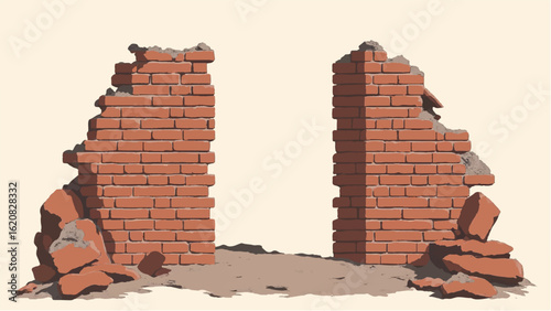 Crumbled Brick wall. Broken Brick Wall. Ruined brick wall. Damaged Brick wall. Vector illustration.