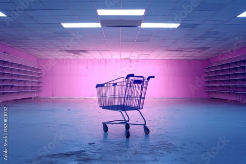 Empty Store Interior with Isolated Shopping Cart on Pink Background