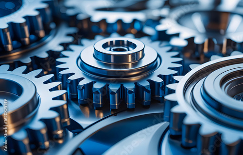 Metal Gears Closeup Industrial Machinery Concept Mechanical Engineering System Precision Technology Manufacturing Steel Cogs Background