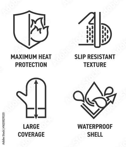 Oven mitt gloves properties icons set in bold line