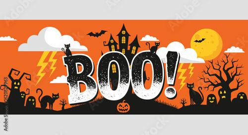 Spooky Halloween Boo banner with haunted house, bats, and black cats