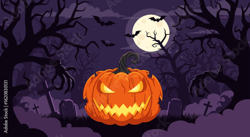 Spooky Halloween Pumpkin Lantern on a Haunted Night, with bats and graves, a creepy atmosphere.